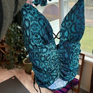 Snakeskin, teal swimsuit halter. Size 14.